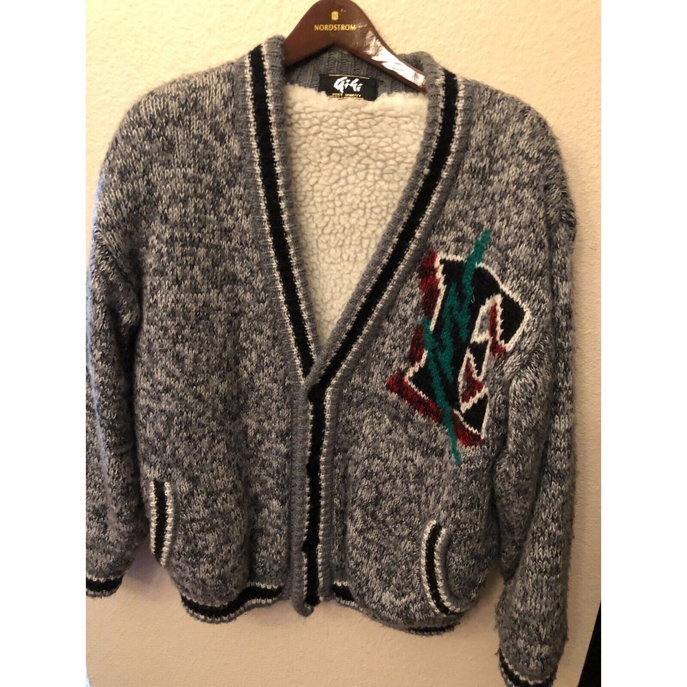 GIGI VTG Lambs Wool Sweater/Cardigan Chunky Oversize Black/Grey/White Pockets